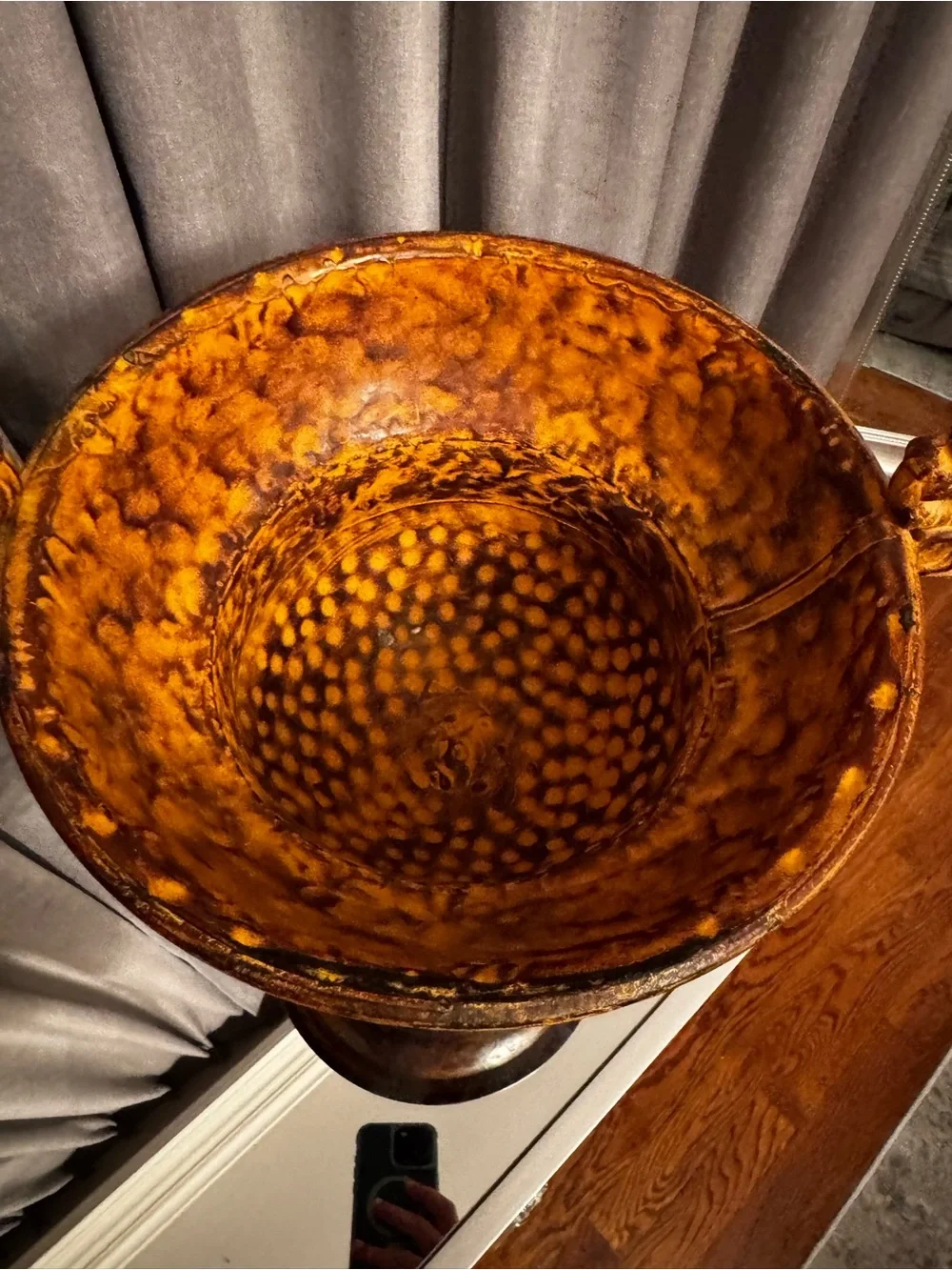 Decorative Amber Gold heavy metal Trophy Vase with Ornate Handles.